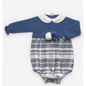 Juliana Dion" Dusky Blue Half Knit Tartan Romper